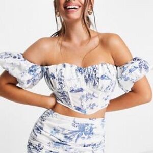 ASOS Design Floral Puff Sleeve Bardot Corset Top Co-Ord